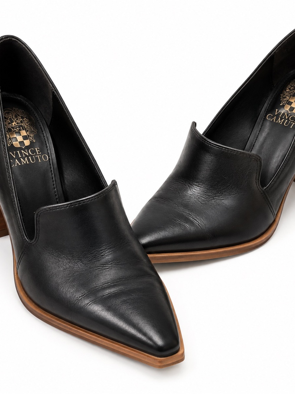 Vince Camuto Black Leather Pointed Toe Pumps with Wood-Tone Welt size 5